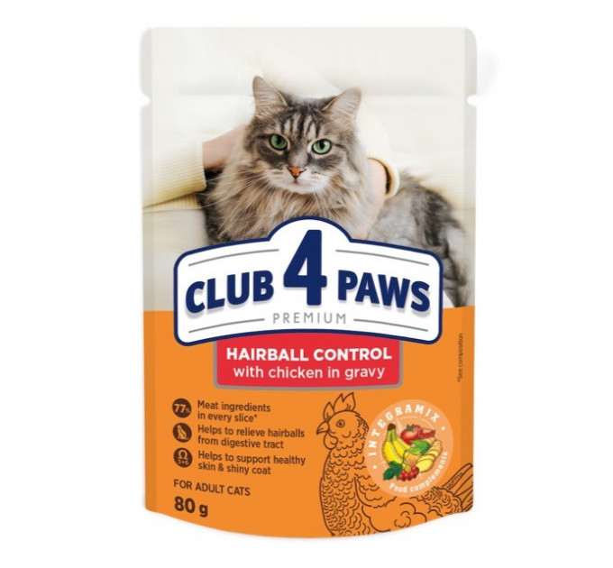 Вологий корм Клуб 4 Лапи для дорослих котів з ефектом виведення шерсті з куркою у соусі 80г