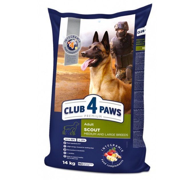 Сухой корм Клуб 4 Лапы Adult Medium & Large Breeds Scout для рабочих собак средних и крупных пород 14кг