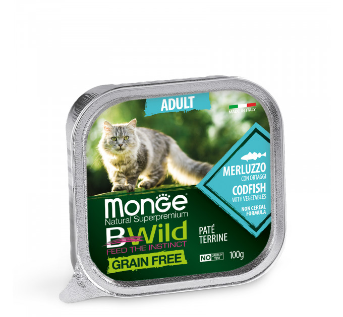 Беззерновой паштет для кошек MONGE BWILD WET CAT треска с овощами 100г