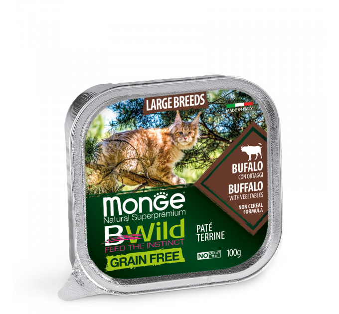 Беззерновой паштет для кошек крупных пород MONGE BWILD WET CAT буйвол с овощами 100г