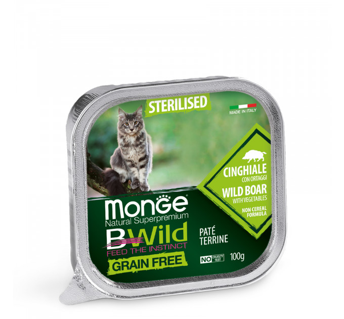 Беззерновой паштет для стерилизованных кошек MONGE BWILD WET CAT кабан с овощами 100г