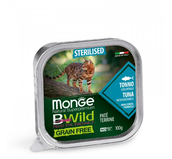 Беззерновий паштет для стерилізованих кішок MONGE BWILD WET CAT тунець з овочами 100г