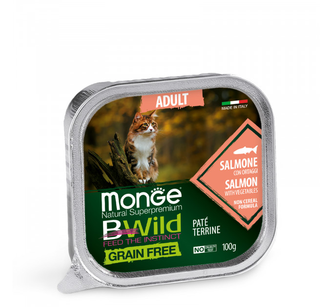 Беззерновой паштет для кошек MONGE BWILD WET CAT лосось с овощами 100г