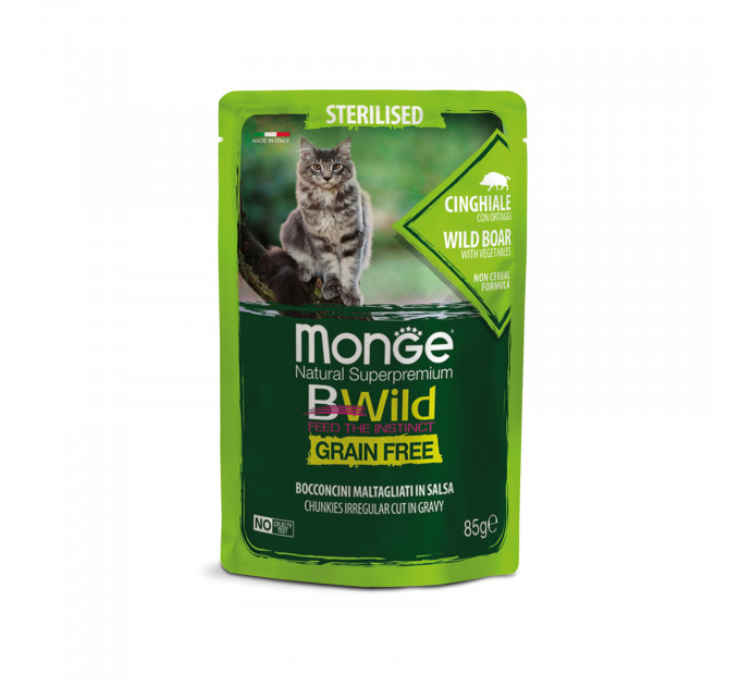 Беззерновые паучи для кошек MONGE BWILD Grain Free WET Sterilised мясо дикого кабана с овощами 85г