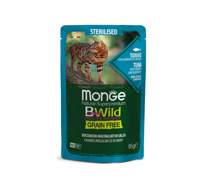 Беззерновые паучи для кошек MONGE BWILD Grain Free WET Sterilised тунец с креветками и овощами 85г