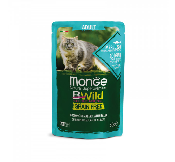 Беззернові паучі для котів MONGE BWILD Grain Free WET тріска з креветками та овочами 85г