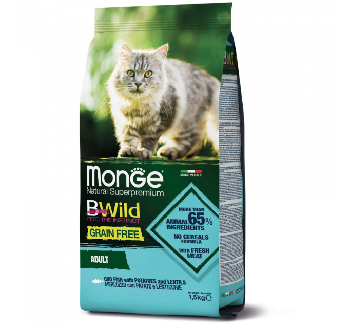 Беззерновой корм для кошек MONGE BWILD Grain Free треска 1,5кг