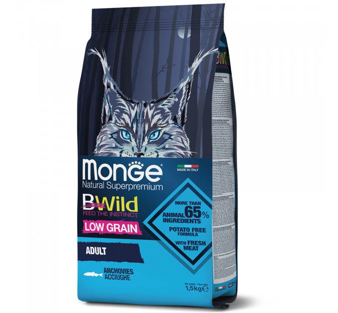 Низкозерновой корм для кошек MONGE BWILD LOW GRAIN анчоус 1,5кг