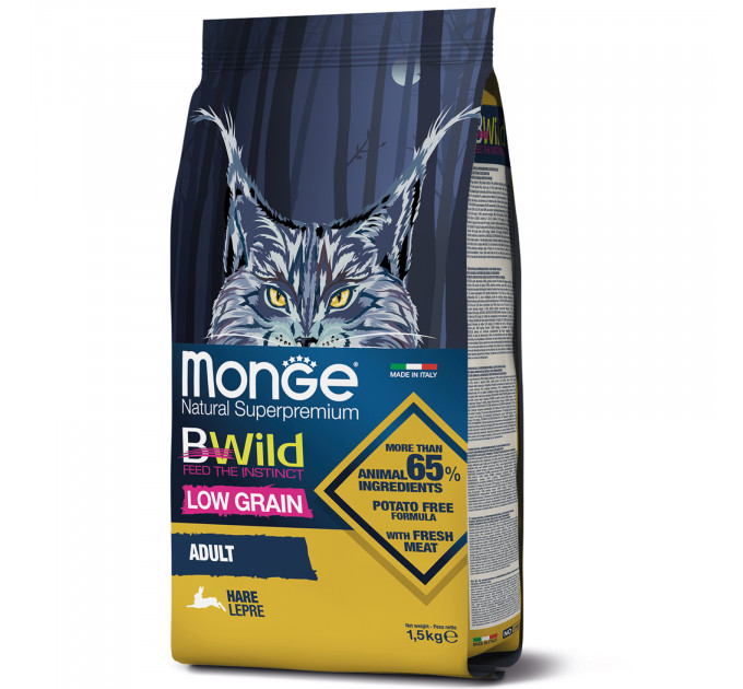 Низкозерновой корм для кошек MONGE BWILD LOW GRAIN мясо зайца 1,5кг