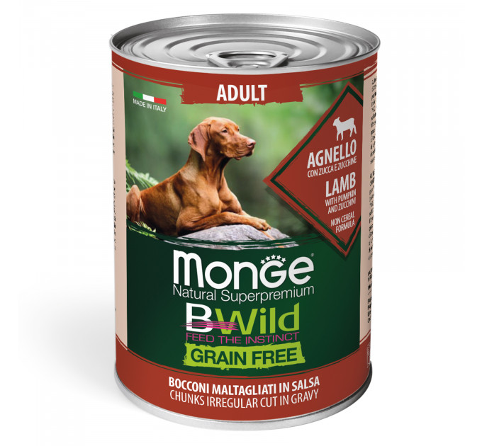 Беззерновая консерва для собак MONGE DOG WET BWILD ягненок тыква цукини в соусе 400г