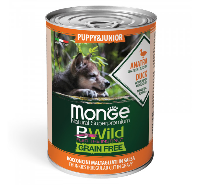 Беззернова консерва для цуценят MONGE DOG WET BWILD качка гарбуз цукіні в соусі 400г