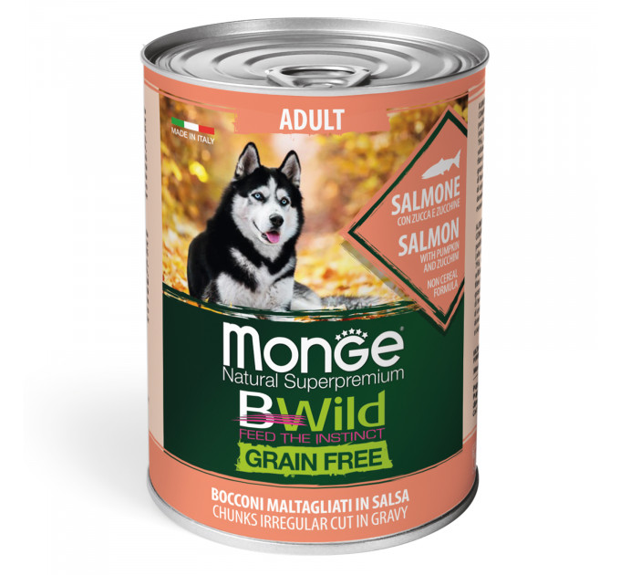 Беззернова консерва для собак MONGE DOG WET BWILD лосось гарбуз цукіні в соусі 400г