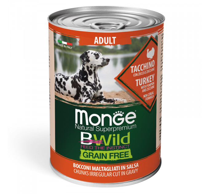 Беззернова консерва для собак MONGE DOG WET BWILD індичка гарбуз цукіні в соусі 400г