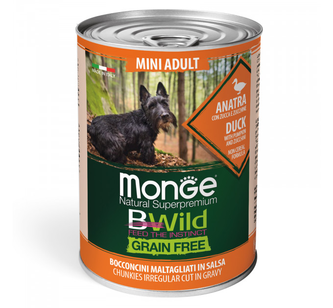 Беззернова консерва для собак дрібних порід MONGE DOG WET BWILD качка гарбуз цукіні в соусі 400г