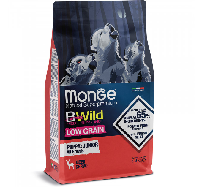 Корм для щенков BWILD Monge Low Grain (низкозерновой) Puppy & Junior оленина 2,5кг