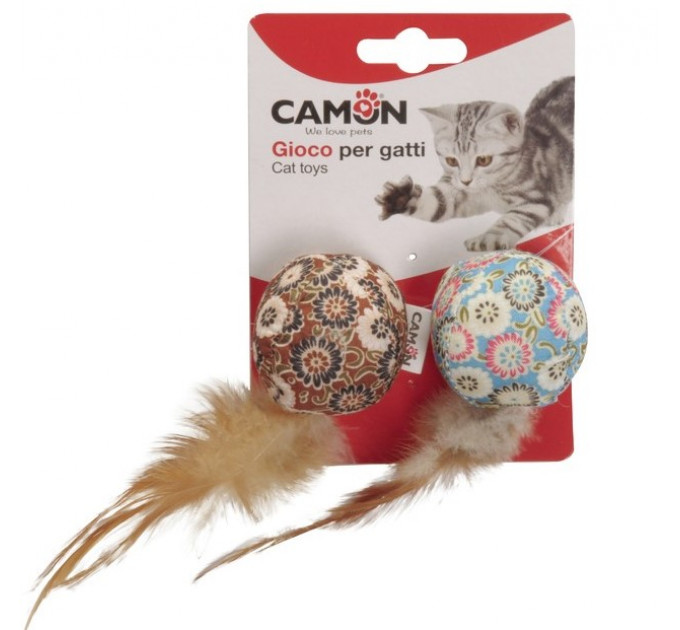 Іграшка для котів Camon - М'ячики (2шт) з квітковим малюнком і пір'ям