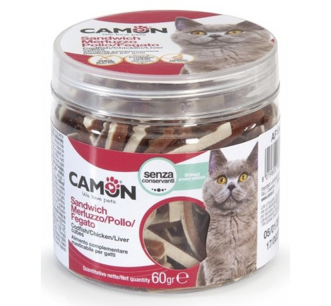 Ласощі для котів Camon - Сендвіч з тріскою, куркою та курячою печінкою, 2см - 60г
