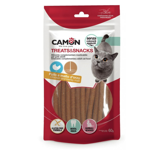 Ласощі для кішок Camon - Курячі та солодові палички, 8х5см, Ø 0,5 см - 60г