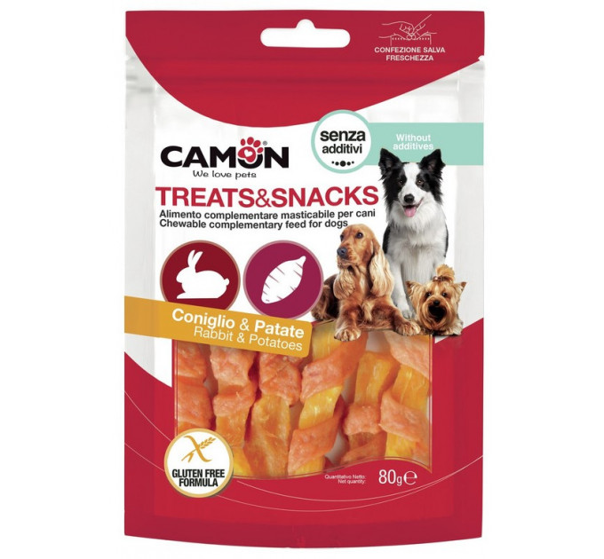 Ласощі для собак Camon - Treats & Snacks Смужки з кролика та солодкої картоплі, 11см - 80г