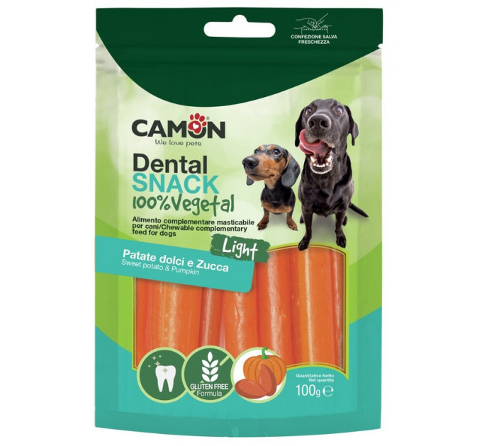 Ласощі для собак Camon - Закуска Bauveg для зубів з начинкою гарбузом та бататом, 9см - 100г