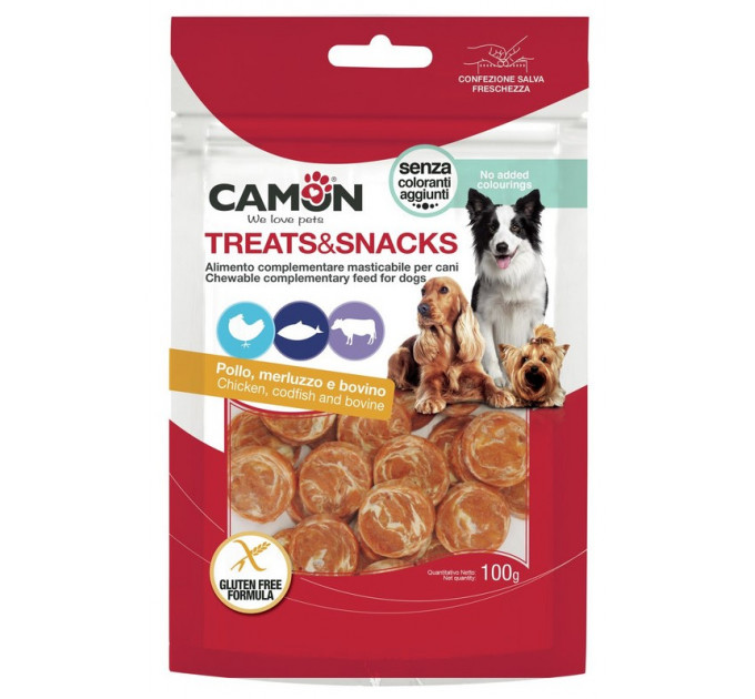 Лакомство для собак Camon - Treats & Snacks Монеты из курицы, трески и сыромятой кожи, 2,5см - 100г