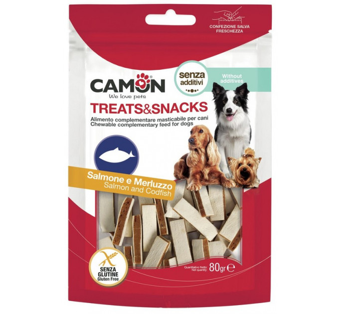 Ласощі для собак Camon - Сендвіч Treats & Snacks з лососем та тріскою, 4x0,5см - 80г