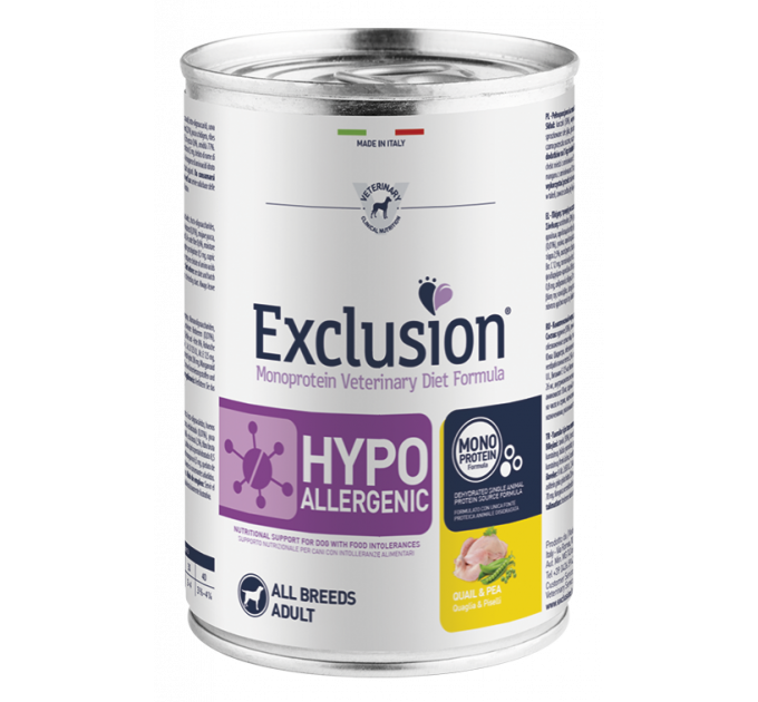 Exclusion Hypoallergenic All Breeds Quail&Pea консервы с перепёлкой для всех пород собак с пищевой аллергией 200 г