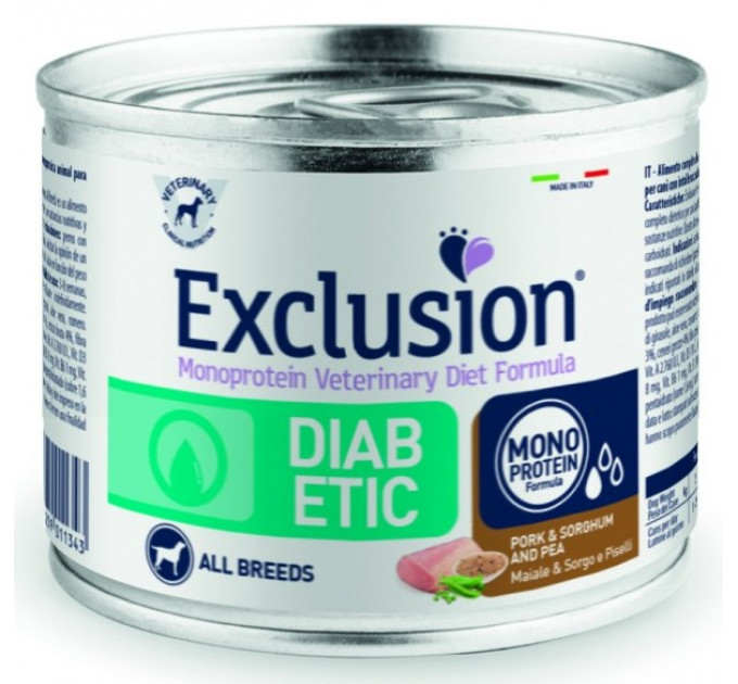 Exclusion Diabetic Pork&Sorghum and Pea консервы со свининой для всех пород собак с сахарным диабетом 200 г