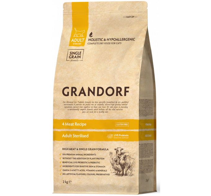 Grandorf Living Probiotics 4 Meat Sterilised - Грандорф Сухой корм для стерилизованных кошек 4 вида мяса 0,4 кг