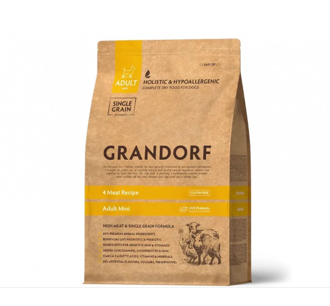 Grandorf 4 Meat Adult Mini - Грандорф Сухой корм для мини пород 4 вида мяса с пробиотиками 3 кг