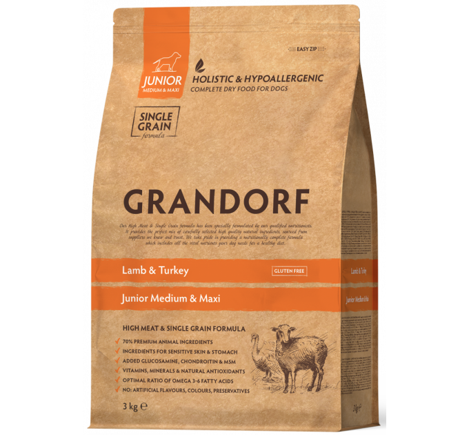 Grandorf Lamb and Turkey Junior - Грандорф Сухий корм для юніорів з 4х місяців з ягням та індичкою 3 кг