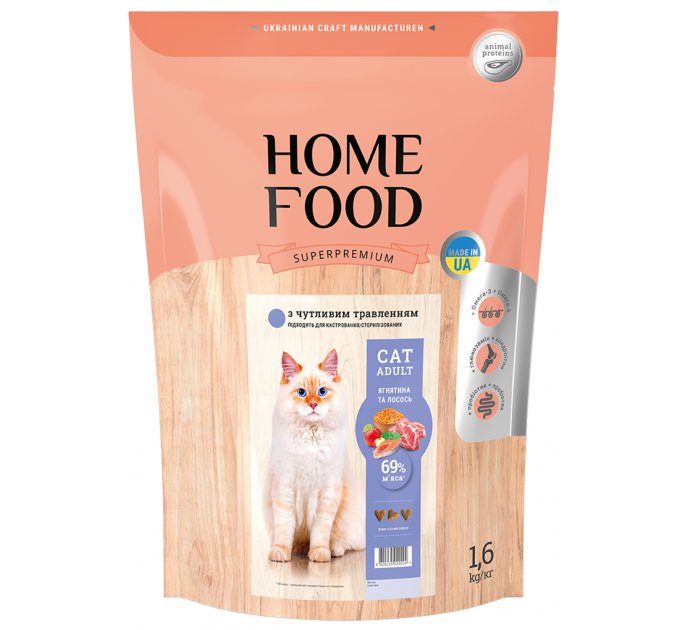 Корм для кошек с чувствительным пищеварением Home Food с ягненком и лососем 1,6кг