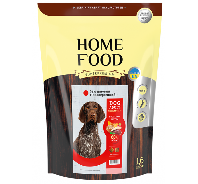 Беззерновой гипоаллергенный корм для средних и крупных пород собак Home Food с уткой и нутом 1,6кг