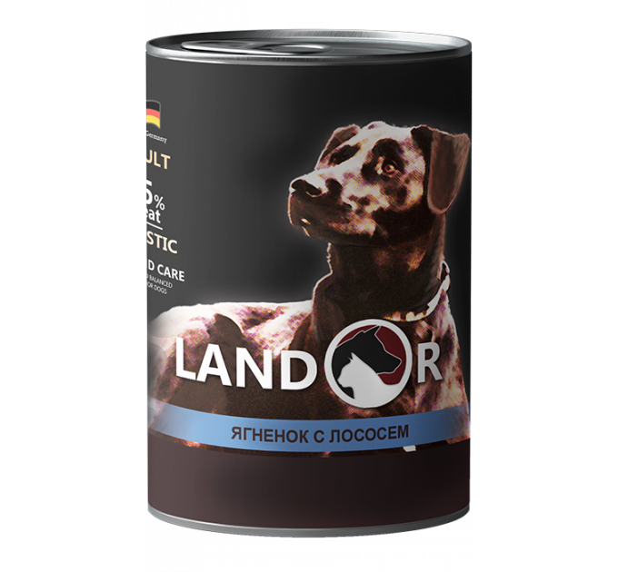Вологий корм для собак усіх порід LANDOR з ягням та лососем 400г