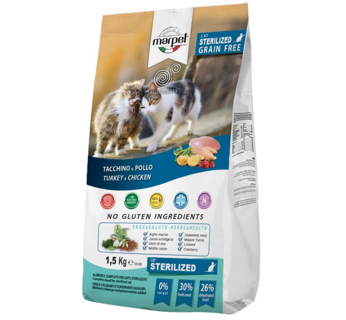 Marpet Aequilibria Grain Free Сухой корм для стерилизованных котов с индейкой и курицей 1,5кг