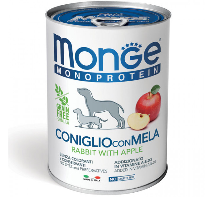 Монопротеиновый паштет для собак Monge DOG FRUIT MONOPROTEIN кролик с яблоком 400г