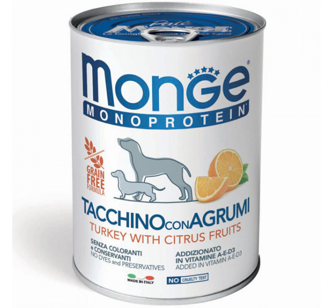Монопротеиновый паштет для собак Monge DOG FRUIT MONOPROTEIN индейка с цитрусами 400г