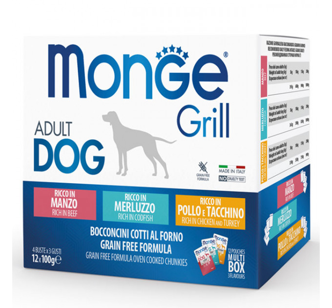 MONGE DOG GRILL MIX - паучі для собак мікс тріска/індичка з куркою/яловичина (12шт по 100г)