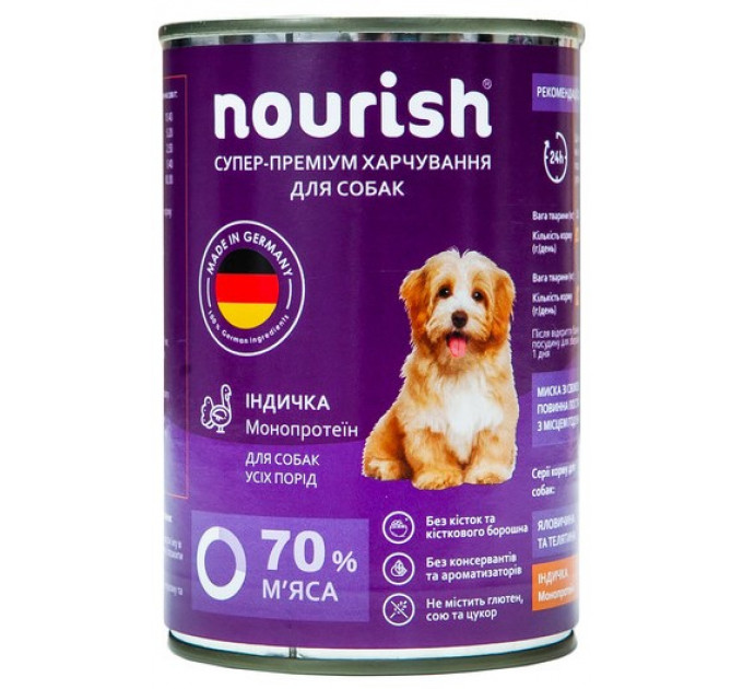 Монопротеиновая консерва Nourish с индейкой для собак 400г