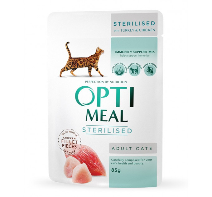 Вологий корм Optimeal з індичкою та курячим філе в соусі для стерилізованих кішок 85г
