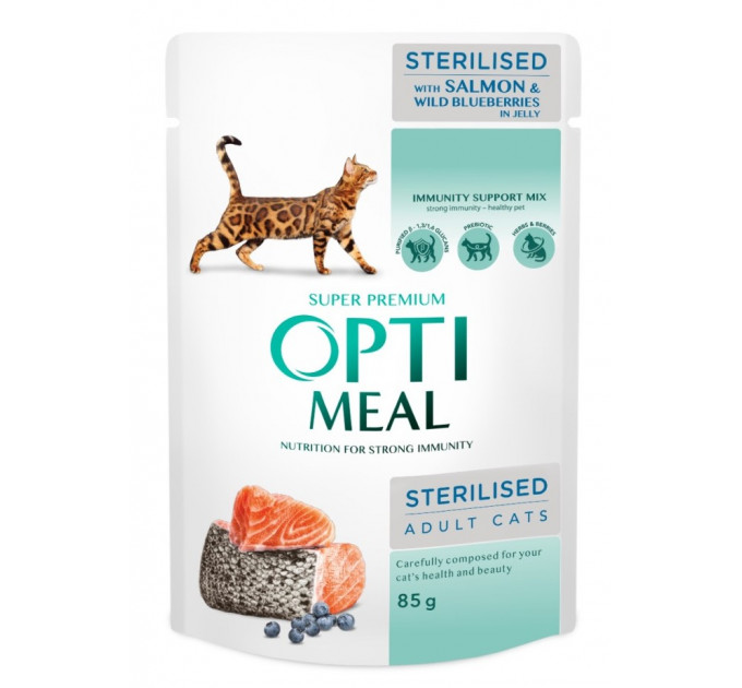 Влажный корм Optimeal с лососем и черникой в желе для стерилизованных кошек и кастрированных кошек 85г
