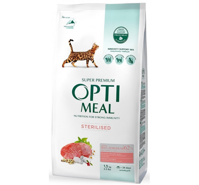 Сухой корм Optimeal Adult Cat Sterilised с высоким содержанием говядины и сорго для стерилизованных котов 1,5кг
