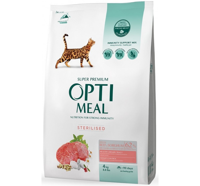 Сухой корм Optimeal Adult Cat Sterilised с высоким содержанием говядины и сорго для стерилизованных котов 4кг