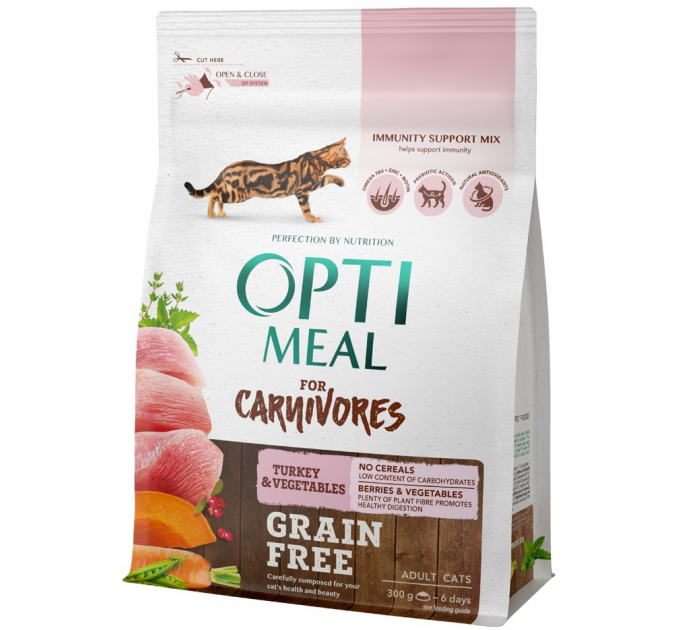 Беззерновой сухой корм Optimeal с индейкой и овощами для взрослых котов 0,3кг