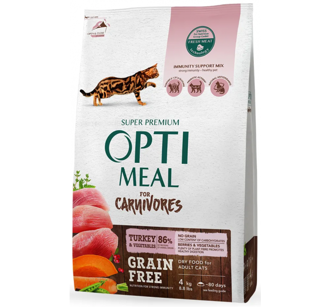 Беззерновой сухой корм Optimeal с индейкой и овощами для взрослых котов 4кг