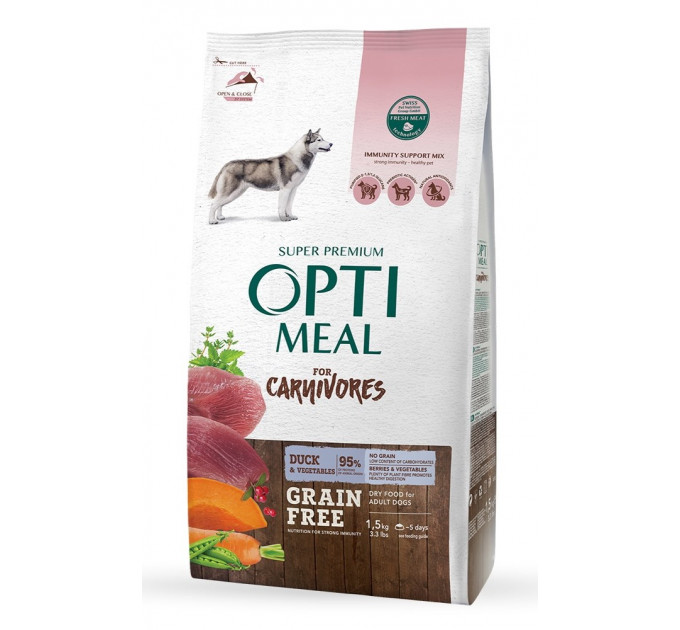 Беззерновий сухий корм Optimeal з качкою та овочами для дорослих собак усіх порід 1,5кг