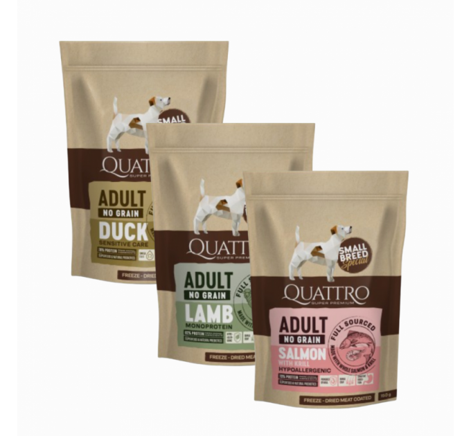 Quattro Adult Duck, Lamb, Salmon Small Breed Сухой корм для взрослых собак мелких пород с уткой, ягненком и лососем 150г*3 вкуса