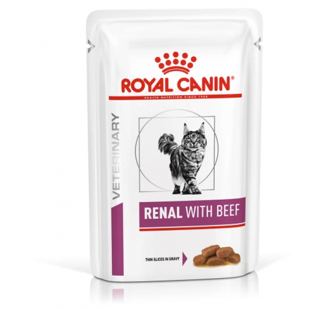 Паучи Royal Canin Renal при хронической почечной недостаточности у кошек с говядиной, кусочки в соусе 85г