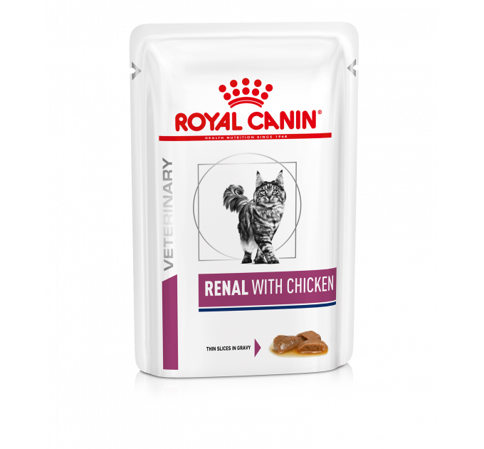 Паучи Royal Canin Renal при хронической почечной недостаточности у кошек с курицей, кусочки в соусе 85г