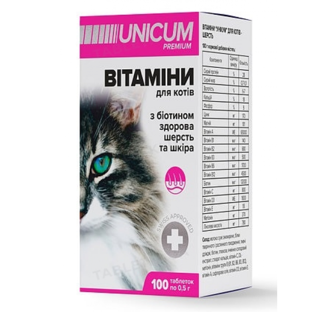 Unicum Premium Витамины для котов с биотином для здоровой шерсти и кожи, 100табл.